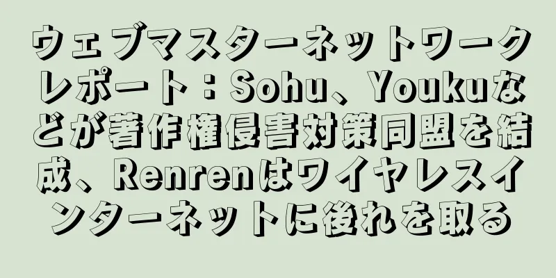 ウェブマスターネットワークレポート：Sohu、Youkuなどが著作権侵害対策同盟を結成、Renrenはワイヤレスインターネットに後れを取る