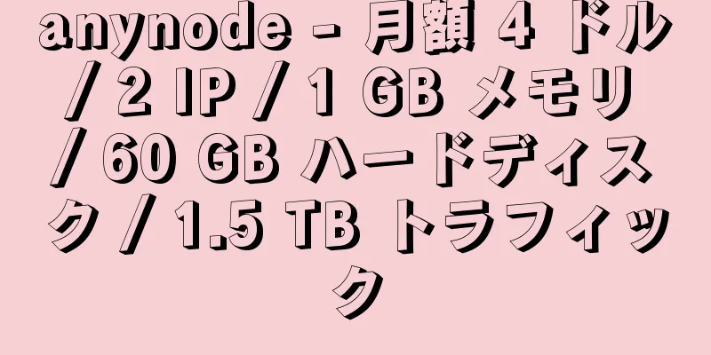 anynode - 月額 4 ドル / 2 IP / 1 GB メモリ / 60 GB ハードディスク / 1.5 TB トラフィック