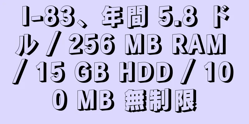 I-83、年間 5.8 ドル / 256 MB RAM / 15 GB HDD / 100 MB 無制限