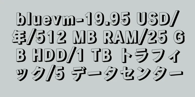 bluevm-19.95 USD/年/512 MB RAM/25 GB HDD/1 TB トラフィック/5 データセンター