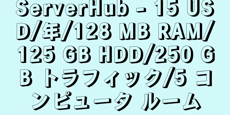 ServerHub - 15 USD/年/128 MB RAM/125 GB HDD/250 GB トラフィック/5 コンピュータ ルーム
