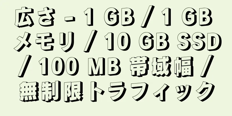 広さ - 1 GB / 1 GB メモリ / 10 GB SSD / 100 MB 帯域幅 / 無制限トラフィック
