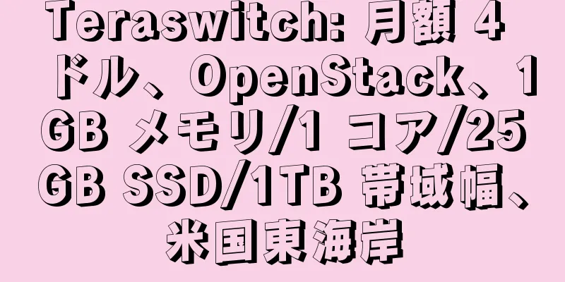 Teraswitch: 月額 4 ドル、OpenStack、1GB メモリ/1 コア/25GB SSD/1TB 帯域幅、米国東海岸