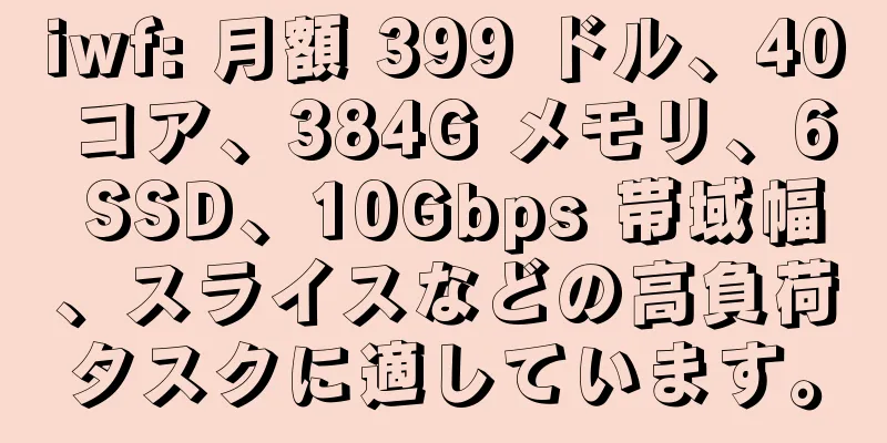 iwf: 月額 399 ドル、40 コア、384G メモリ、6 SSD、10Gbps 帯域幅、スライスなどの高負荷タスクに適しています。