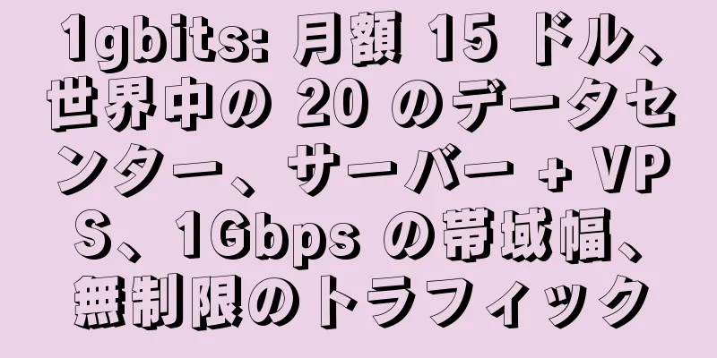1gbits: 月額 15 ドル、世界中の 20 のデータセンター、サーバー + VPS、1Gbps の帯域幅、無制限のトラフィック