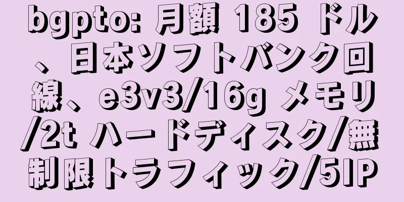 bgpto: 月額 185 ドル、日本ソフトバンク回線、e3v3/16g メモリ/2t ハードディスク/無制限トラフィック/5IP