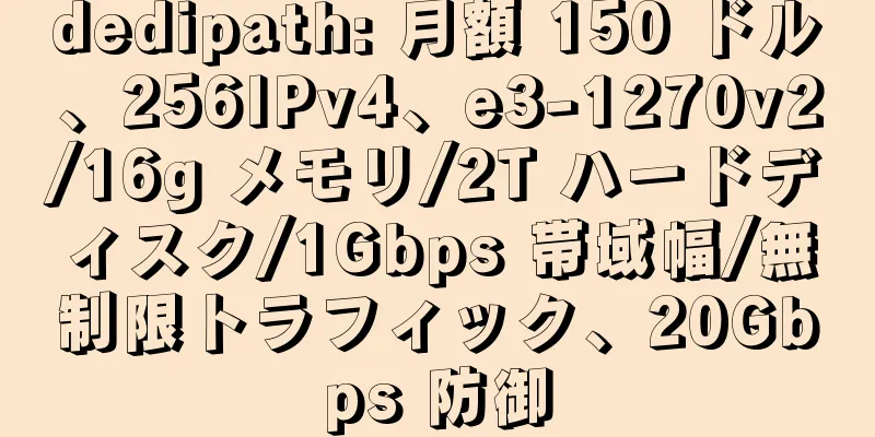 dedipath: 月額 150 ドル、256IPv4、e3-1270v2/16g メモリ/2T ハードディスク/1Gbps 帯域幅/無制限トラフィック、20Gbps 防御