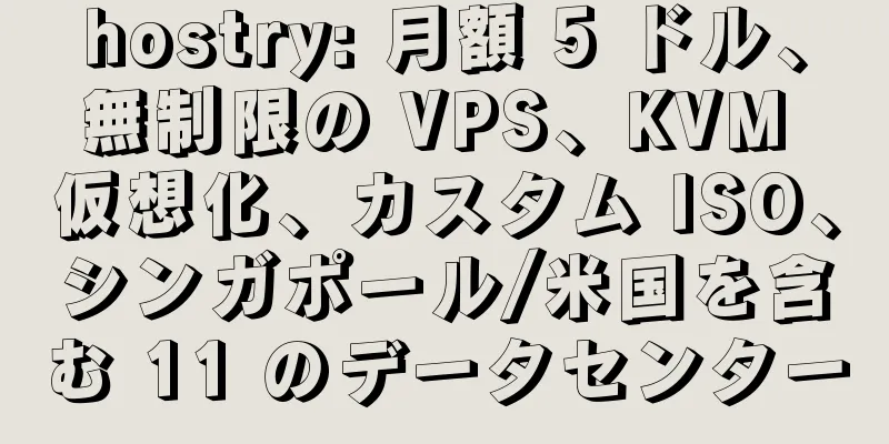 hostry: 月額 5 ドル、無制限の VPS、KVM 仮想化、カスタム ISO、シンガポール/米国を含む 11 のデータセンター