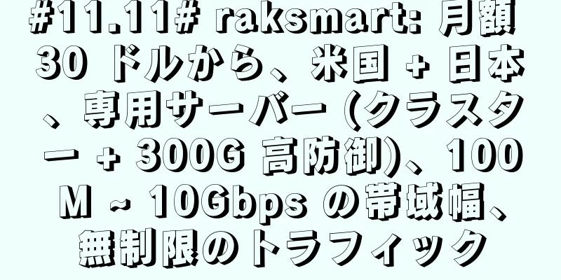 #11.11# raksmart: 月額 30 ドルから、米国 + 日本、専用サーバー (クラスター + 300G 高防御)、100M ~ 10Gbps の帯域幅、無制限のトラフィック