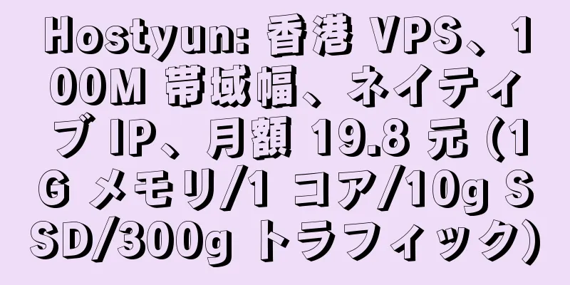 Hostyun: 香港 VPS、100M 帯域幅、ネイティブ IP、月額 19.8 元 (1G メモリ/1 コア/10g SSD/300g トラフィック)