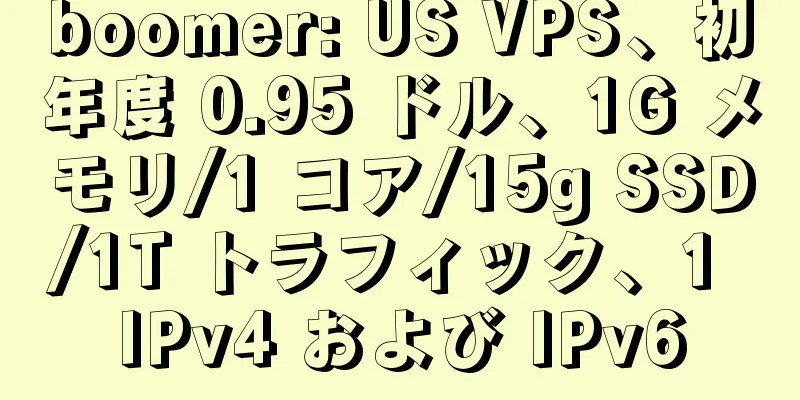 boomer: US VPS、初年度 0.95 ドル、1G メモリ/1 コア/15g SSD/1T トラフィック、1 IPv4 および IPv6