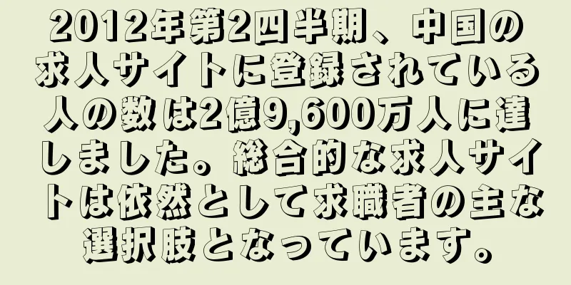 2012年第2四半期、中国の求人サイトに登録されている人の数は2億9,600万人に達しました。総合的な求人サイトは依然として求職者の主な選択肢となっています。