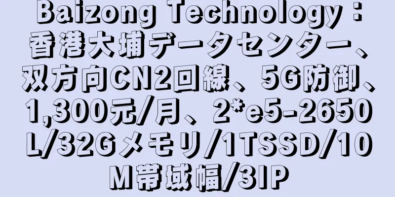 Baizong Technology：香港大埔データセンター、双方向CN2回線、5G防御、1,300元/月、2*e5-2650L/32Gメモリ/1TSSD/10M帯域幅/3IP