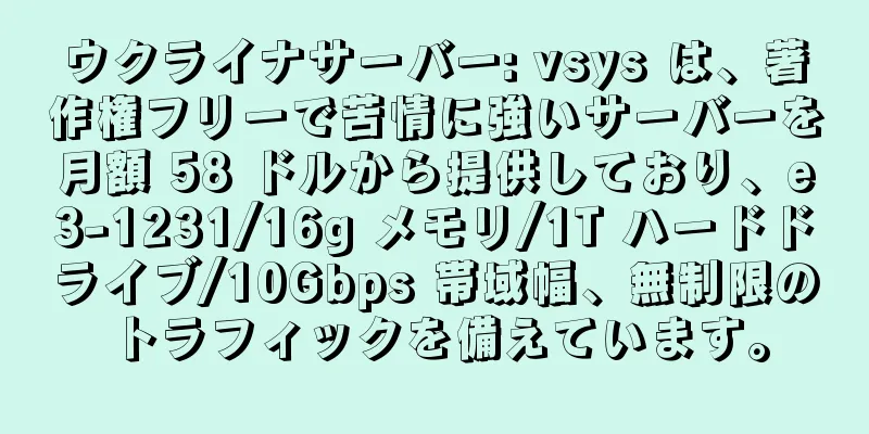 ウクライナサーバー: vsys は、著作権フリーで苦情に強いサーバーを月額 58 ドルから提供しており、e3-1231/16g メモリ/1T ハードドライブ/10Gbps 帯域幅、無制限のトラフィックを備えています。