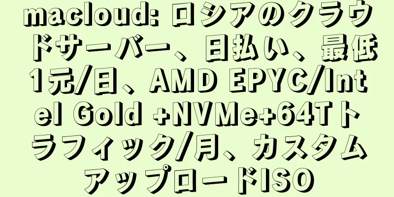 macloud: ロシアのクラウドサーバー、日払い、最低1元/日、AMD EPYC/Intel Gold +NVMe+64Tトラフィック/月、カスタムアップロードISO