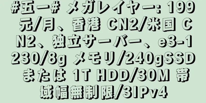 #五一# メガレイヤー: 199 元/月、香港 CN2/米国 CN2、独立サーバー、e3-1230/8g メモリ/240gSSD または 1T HDD/30M 帯域幅無制限/3IPv4