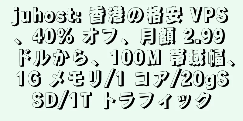 juhost: 香港の格安 VPS、40% オフ、月額 2.99 ドルから、100M 帯域幅、1G メモリ/1 コア/20gSSD/1T トラフィック