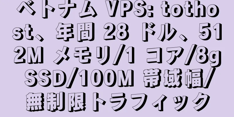 ベトナム VPS: tothost、年間 28 ドル、512M メモリ/1 コア/8g SSD/100M 帯域幅/無制限トラフィック