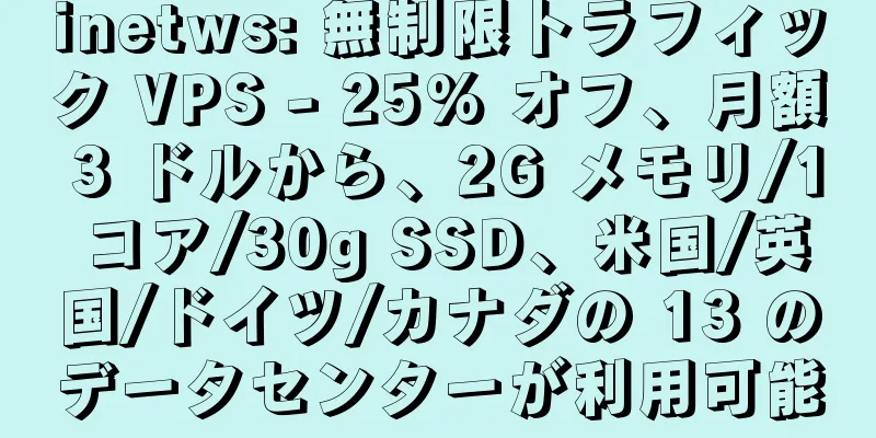 inetws: 無制限トラフィック VPS - 25% オフ、月額 3 ドルから、2G メモリ/1 コア/30g SSD、米国/英国/ドイツ/カナダの 13 のデータセンターが利用可能
