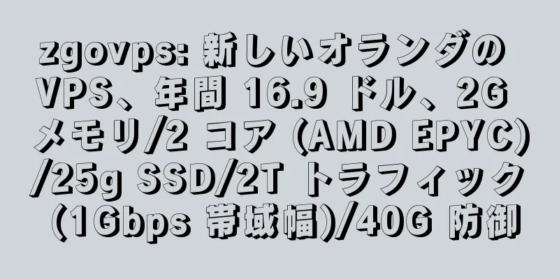 zgovps: 新しいオランダの VPS、年間 16.9 ドル、2G メモリ/2 コア (AMD EPYC)/25g SSD/2T トラフィック (1Gbps 帯域幅)/40G 防御