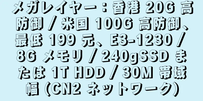 メガレイヤー：香港 20G 高防御 / 米国 100G 高防御、最低 199 元、E3-1230 / 8G メモリ / 240gSSD または 1T HDD / 30M 帯域幅 (CN2 ネットワーク)