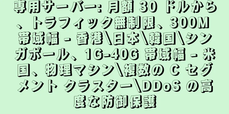 専用サーバー: 月額 30 ドルから、トラフィック無制限、300M 帯域幅 - 香港\日本\韓国\シンガポール、1G-40G 帯域幅 - 米国、物理マシン\複数の C セグメント クラスター\DDoS の高度な防御保護