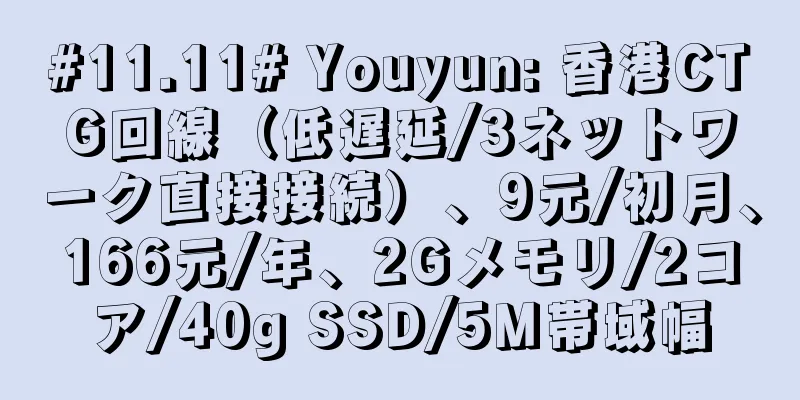 #11.11# Youyun: 香港CTG回線（低遅延/3ネットワーク直接接続）、9元/初月、166元/年、2Gメモリ/2コア/40g SSD/5M帯域幅