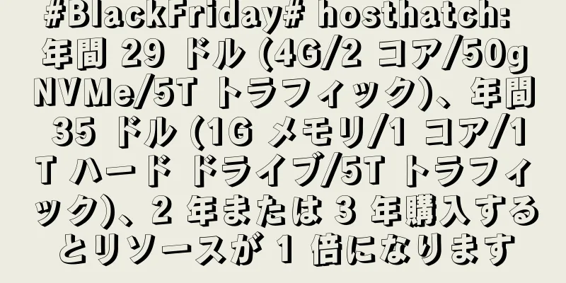 #BlackFriday# hosthatch: 年間 29 ドル (4G/2 コア/50gNVMe/5T トラフィック)、年間 35 ドル (1G メモリ/1 コア/1T ハード ドライブ/5T トラフィック)、2 年または 3 年購入するとリソースが 1 倍になります