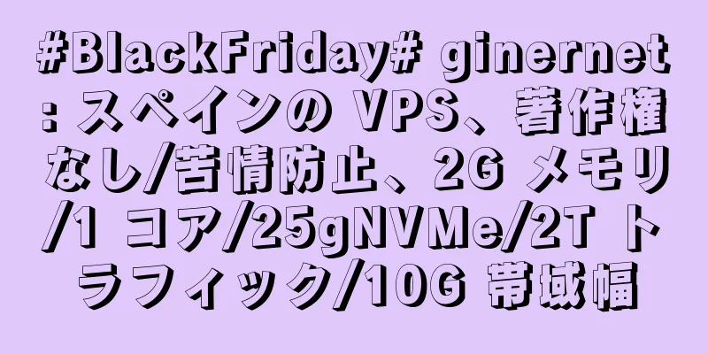 #BlackFriday# ginernet: スペインの VPS、著作権なし/苦情防止、2G メモリ/1 コア/25gNVMe/2T トラフィック/10G 帯域幅