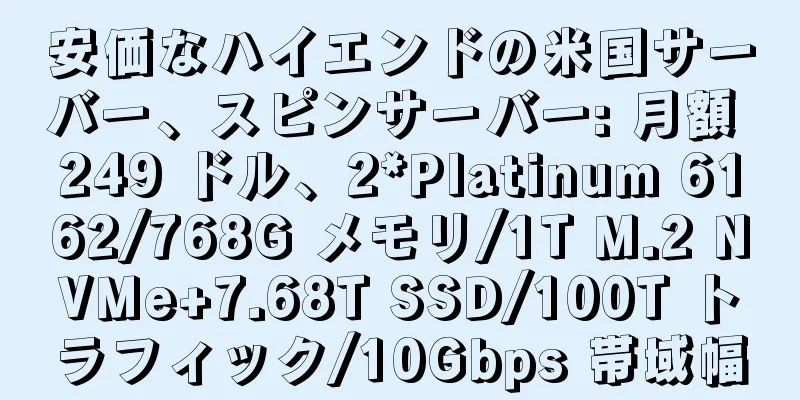 安価なハイエンドの米国サーバー、スピンサーバー: 月額 249 ドル、2*Platinum 6162/768G メモリ/1T M.2 NVMe+7.68T SSD/100T トラフィック/10Gbps 帯域幅