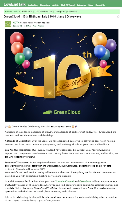 GreenCloud 十周年庆：三年仅需 100 美元即可获得高性能 VPS – 此外，还有双倍资源、赠品及更多精彩内容！
