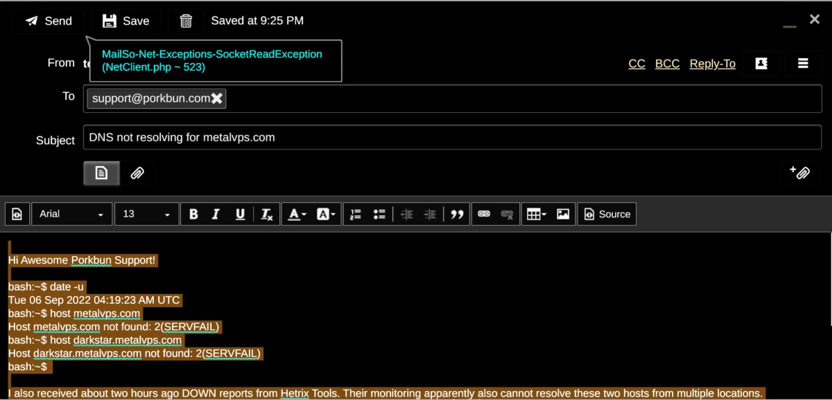邮件报告 DNS 故障