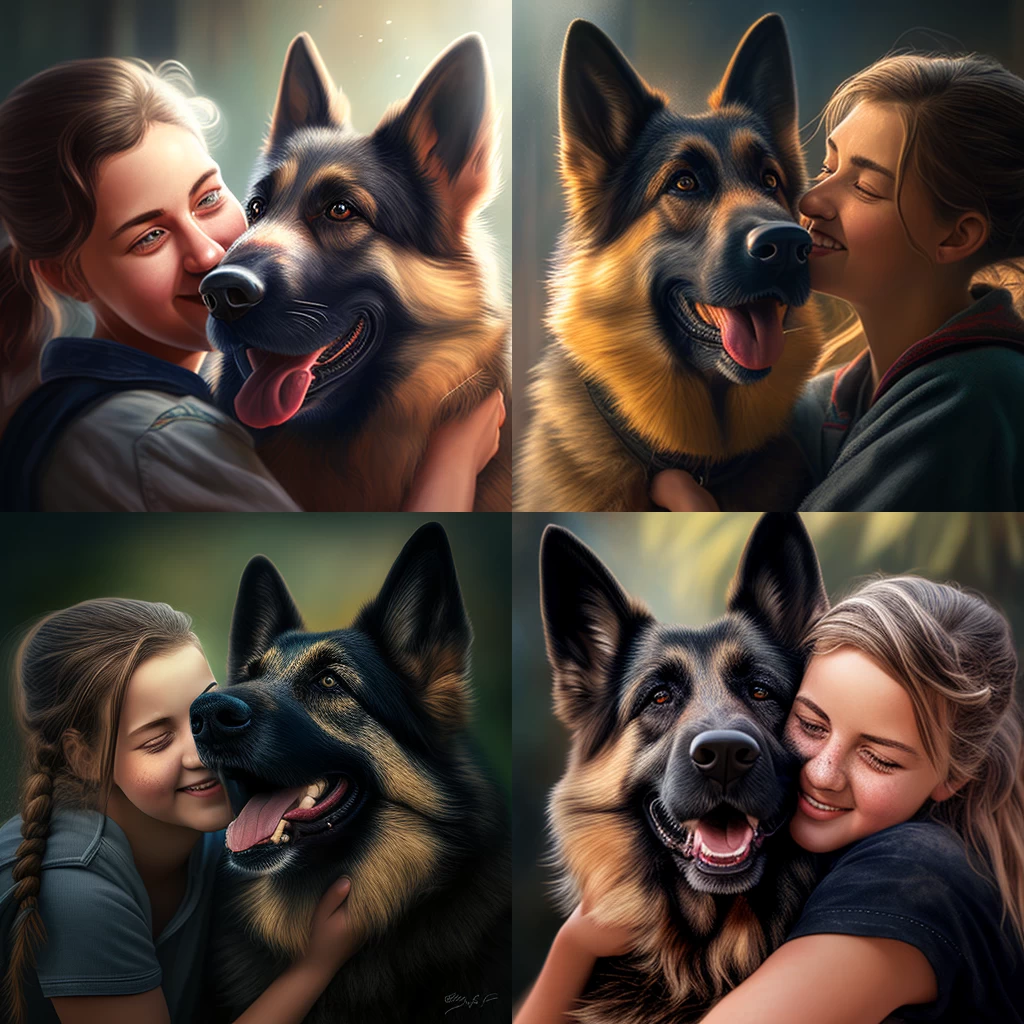 一只皮克斯风格的德国牧羊犬依偎在一个微笑的少女身边。