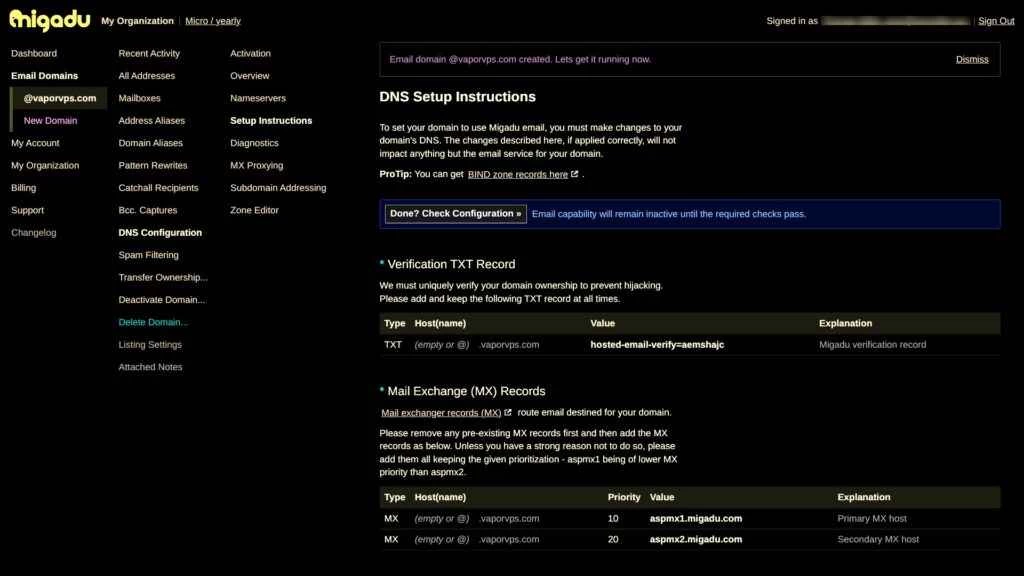 Migadu DNS 设置页面