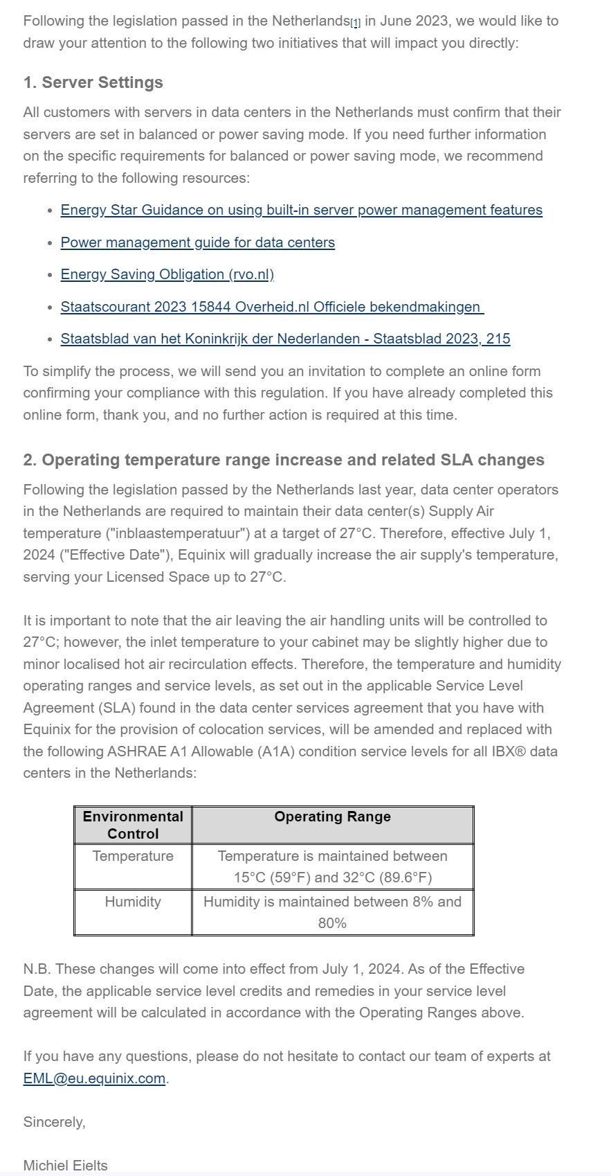 Equinix 关于阿姆斯特丹政策的电子邮件