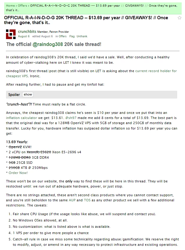 Crunchbits 的“Raindog308 20K”会员年费仅需 13.69 美元，4 小时内售罄……（即将限量补货）